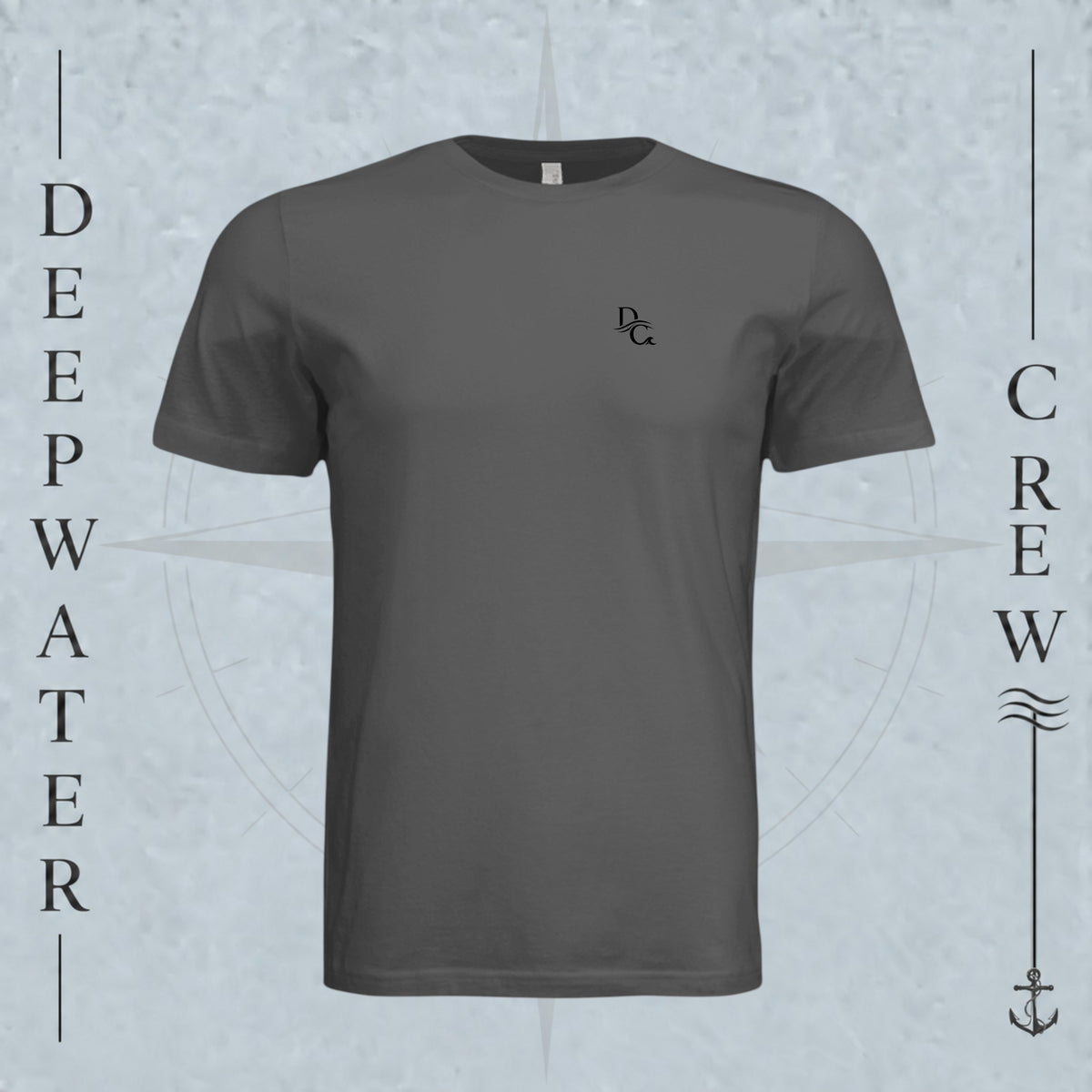 Asphalt Deepwater Crew Co. Flagship crewneck T-shirt, front view with small DC wave chest logo.
