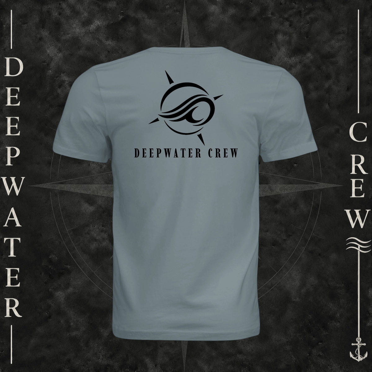Blue Storm Deepwater Crew Co. Flagship crewneck T-shirt, back view with large compass-and-wave logo and Deepwater Crew lettering.