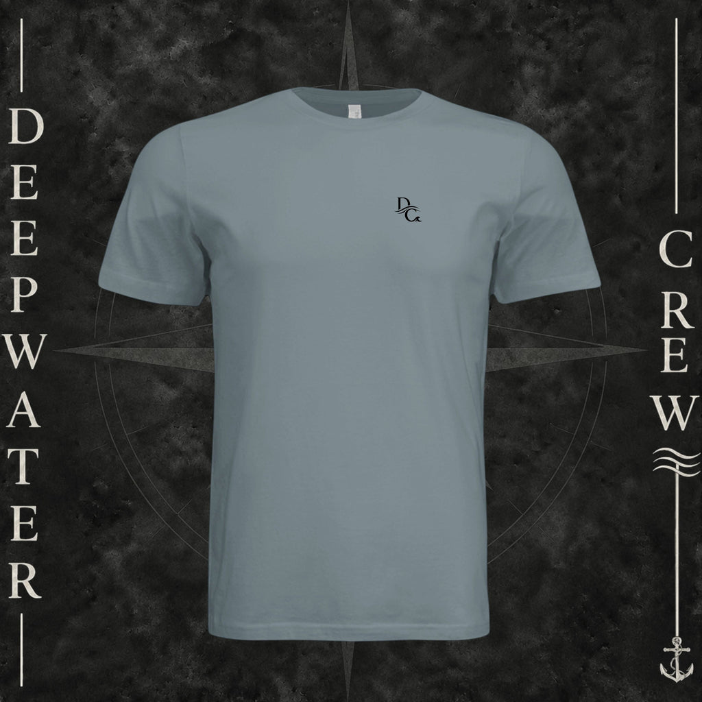 Blue Storm Deepwater Crew Co. Flagship crewneck T-shirt, front view with small DC wave chest logo.