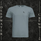 Blue Storm Deepwater Crew Co. Flagship crewneck T-shirt, front view with small DC wave chest logo.
