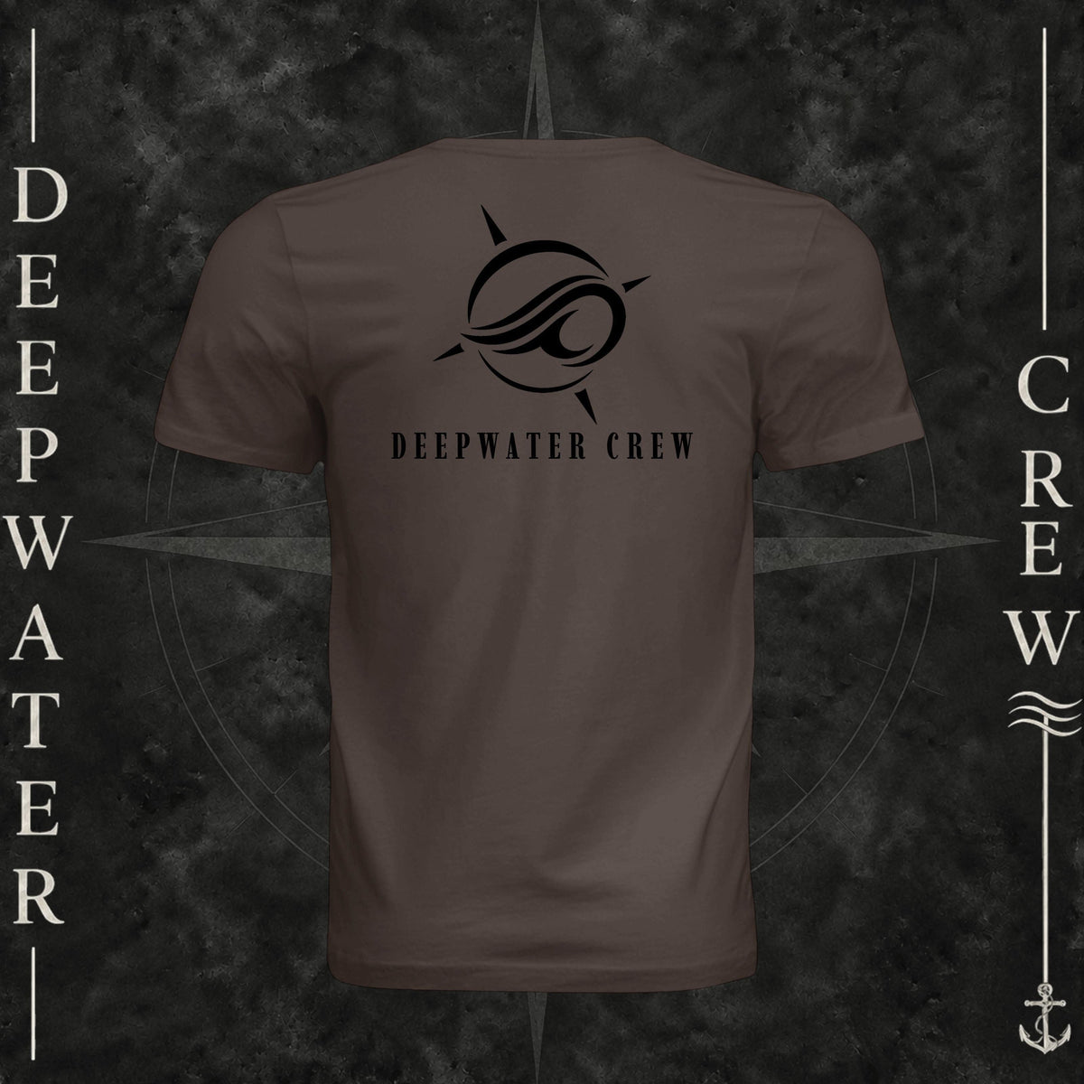 Brown Deepwater Crew Co. Flagship crewneck T-shirt, back view with large compass-and-wave logo and Deepwater Crew lettering.