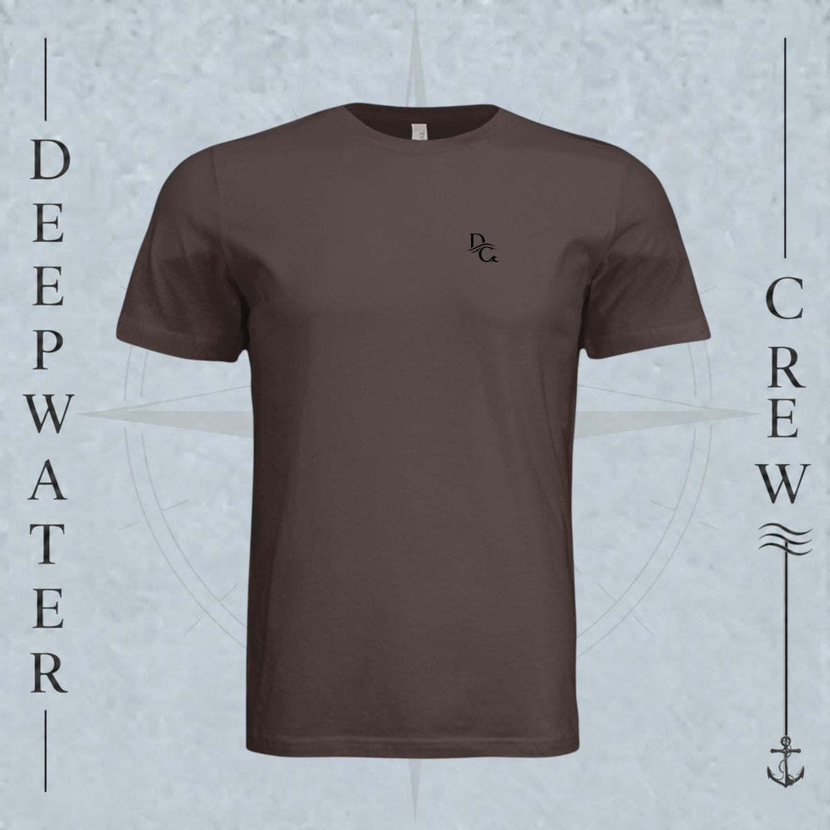 Brown Deepwater Crew Co. Flagship crewneck T-shirt, front view with small DC wave chest logo.