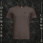 Brown Deepwater Crew Co. Flagship crewneck T-shirt, front view with small DC wave chest logo.