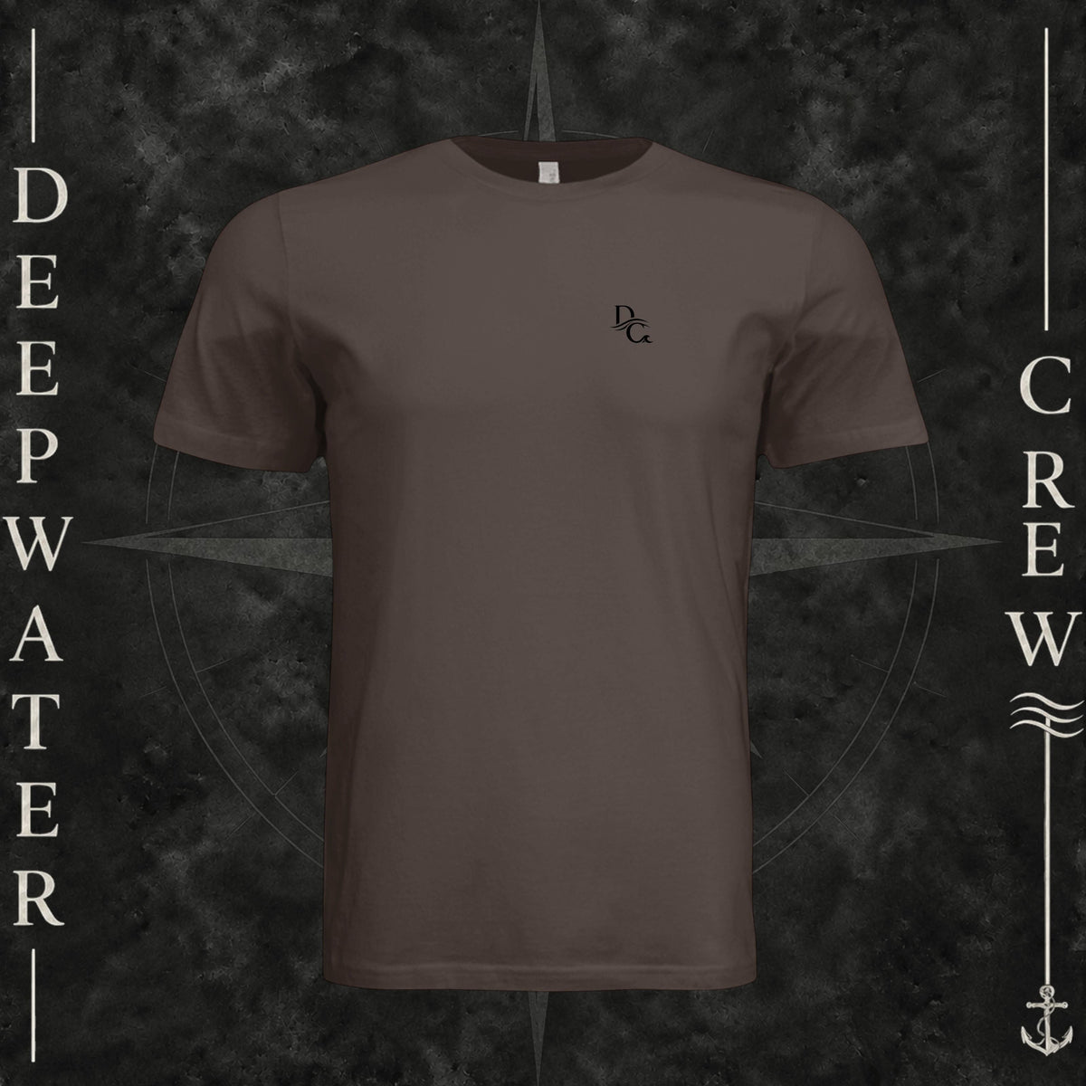Brown Deepwater Crew Co. Flagship crewneck T-shirt, front view with small DC wave chest logo.