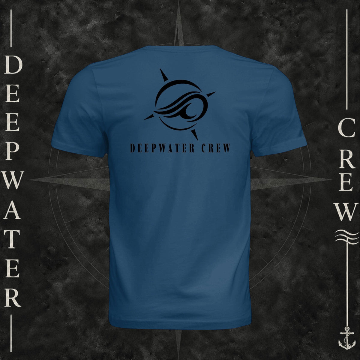 Cool Blue Deepwater Crew Co. Flagship crewneck T-shirt, back view with large compass-and-wave logo and Deepwater Crew lettering.