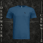 Cool Blue Deepwater Crew Co. Flagship crewneck T-shirt, front view with small DC wave chest logo.