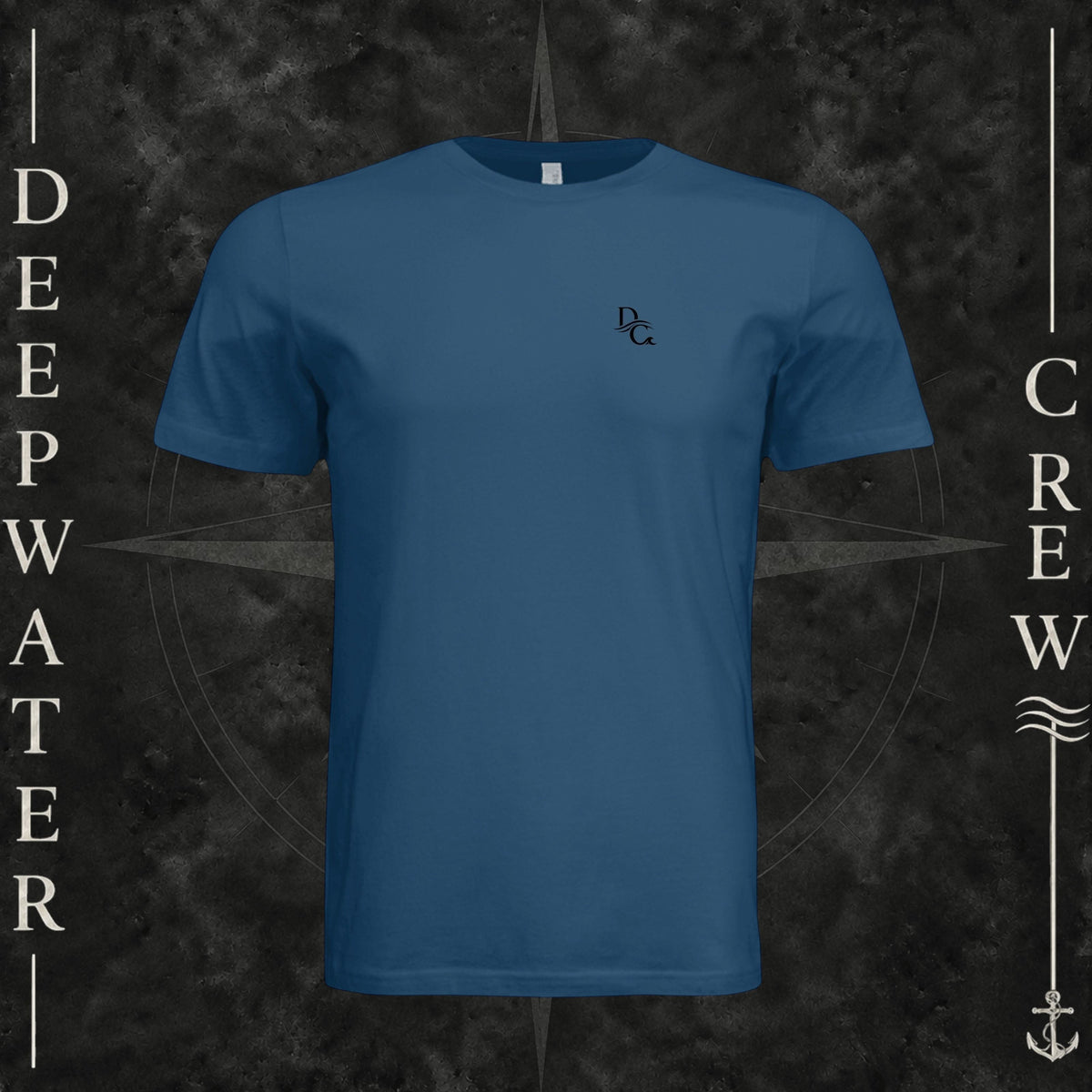 Cool Blue Deepwater Crew Co. Flagship crewneck T-shirt, front view with small DC wave chest logo.