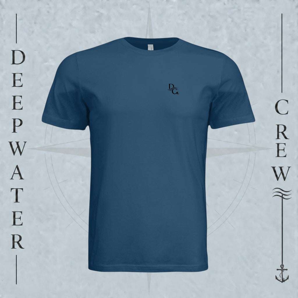 Cool Blue Deepwater Crew Co. Flagship crewneck T-shirt, front view with small DC wave chest logo.