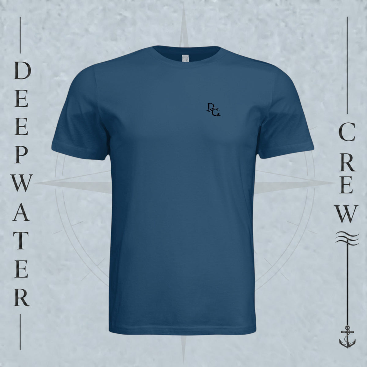 Cool Blue Deepwater Crew Co. Flagship crewneck T-shirt, front view with small DC wave chest logo.
