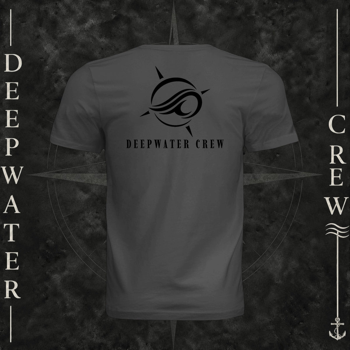 Dark Gray Deepwater Crew Co. Flagship crewneck T-shirt, back view with large compass-and-wave logo and Deepwater Crew lettering.