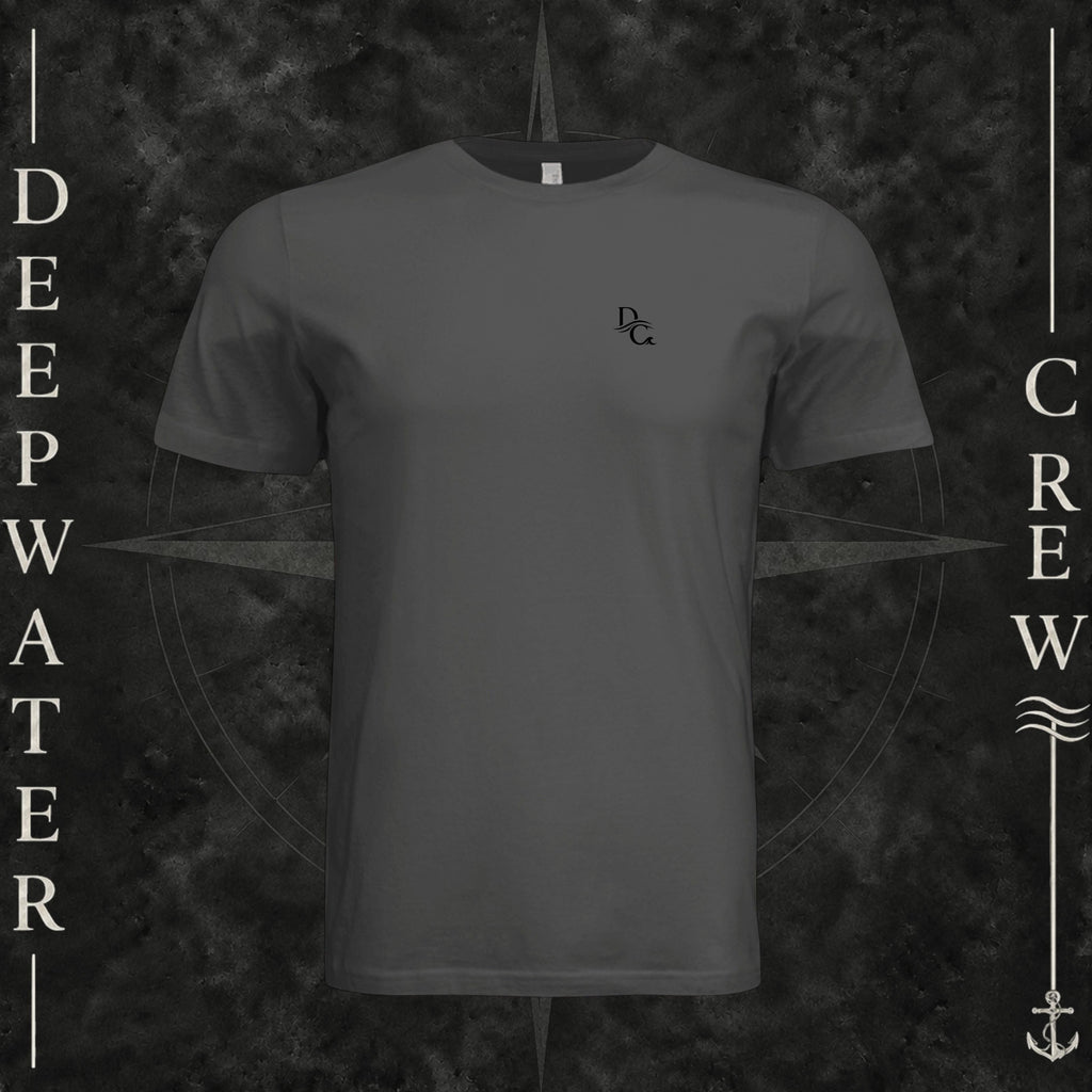 Dark Gray Deepwater Crew Co. Flagship crewneck T-shirt, front view with small DC wave chest logo.