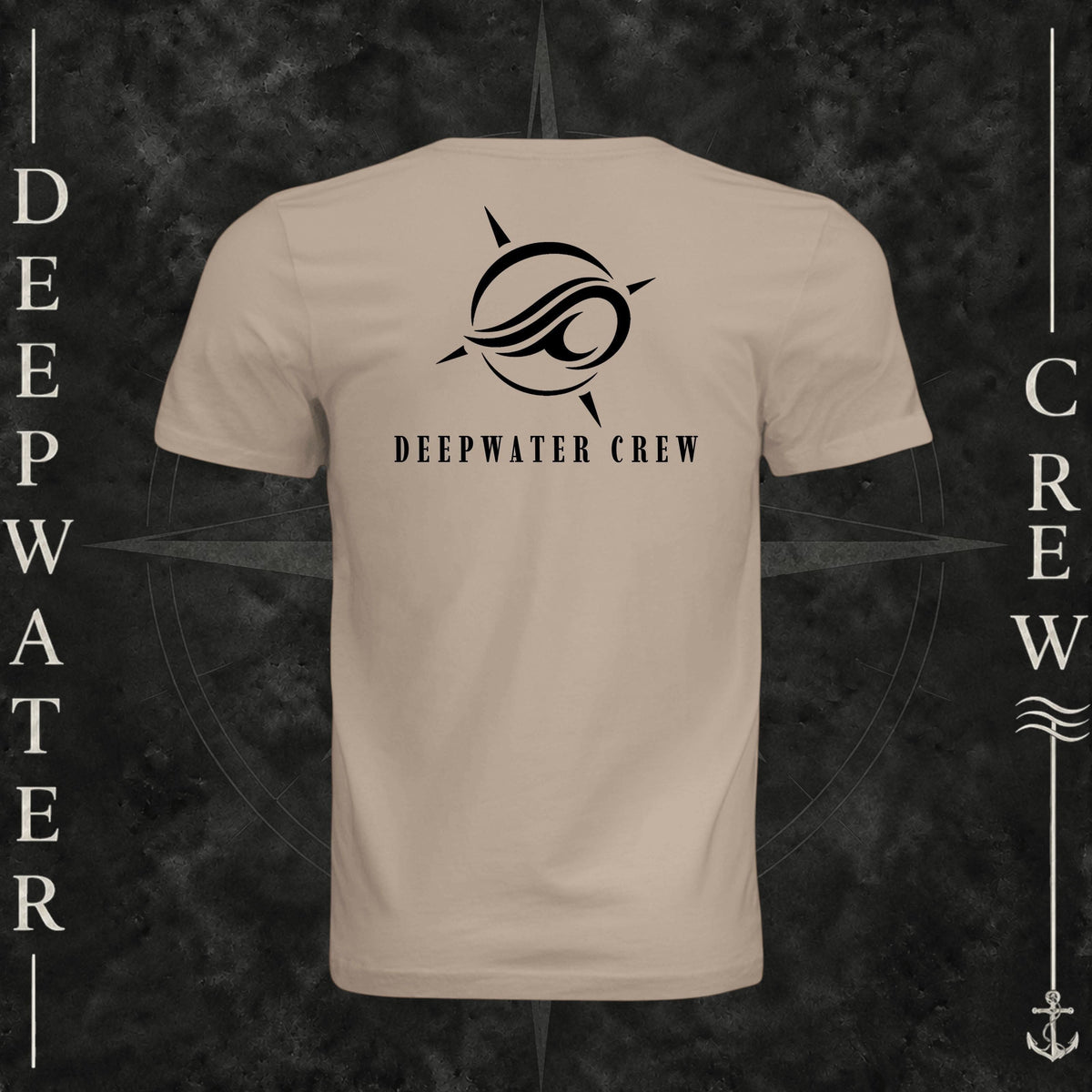 Dust Deepwater Crew Co. Flagship crewneck T-shirt, back view with large compass-and-wave logo and Deepwater Crew lettering.