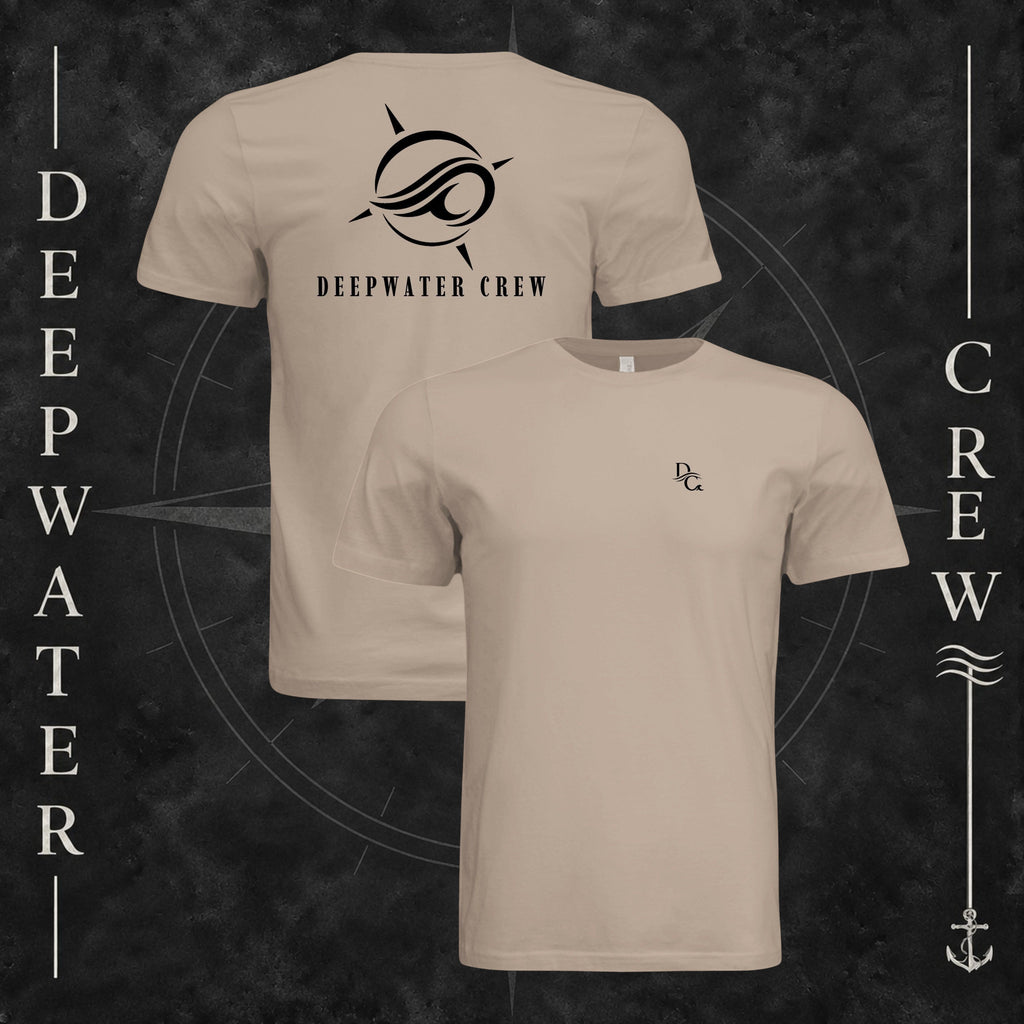 Dust Deepwater Crew Co. Flagship crewneck T-shirt showing front and back views, with small DC wave chest logo and large compass-and-wave emblem with Deepwater Crew lettering.