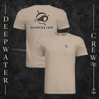 Dust Deepwater Crew Co. Flagship crewneck T-shirt showing front and back views, with small DC wave chest logo and large compass-and-wave emblem with Deepwater Crew lettering.