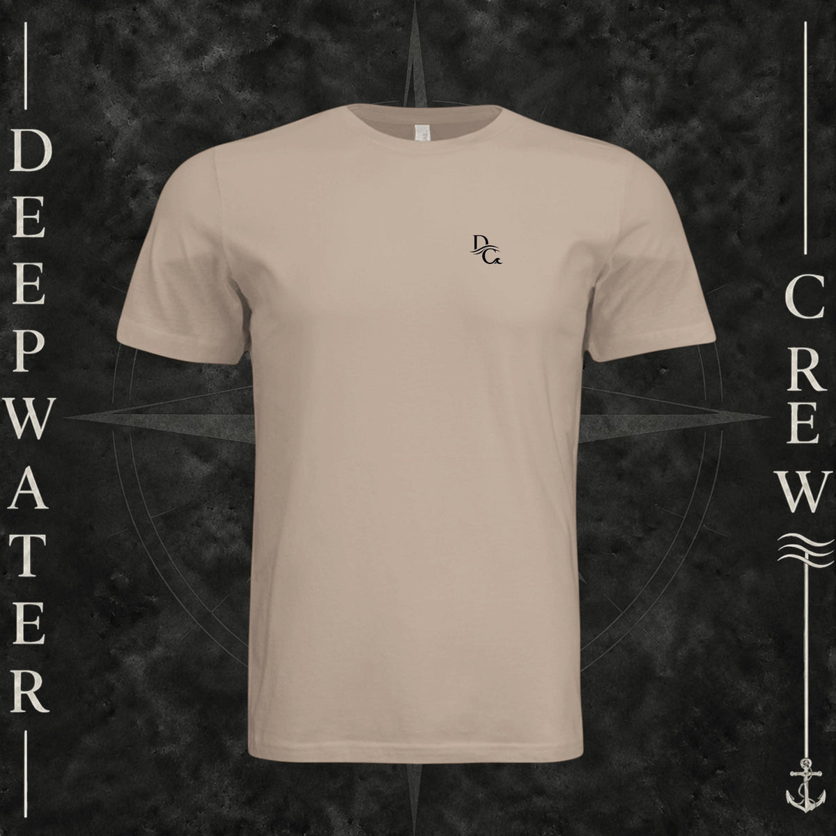 Dust Deepwater Crew Co. Flagship crewneck T-shirt, front view with small DC wave chest logo.