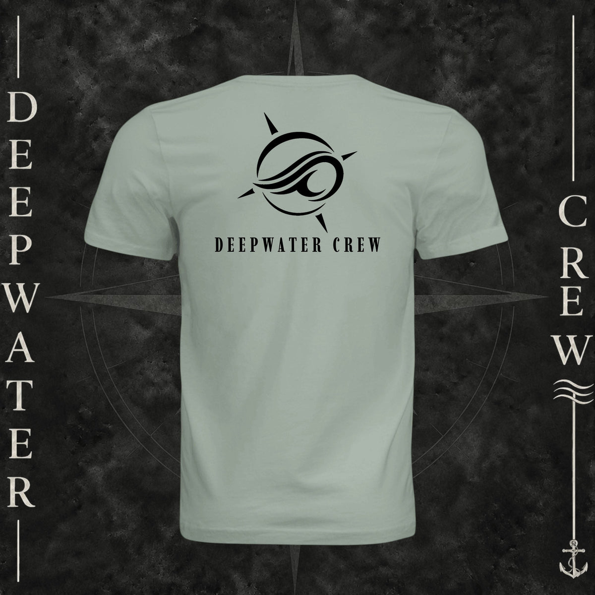 Dusty Blue Deepwater Crew Co. Flagship crewneck T-shirt, back view with large compass-and-wave logo and Deepwater Crew lettering.