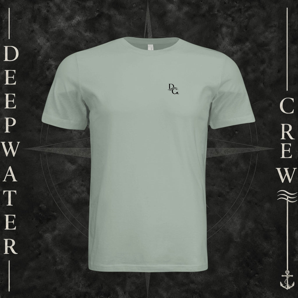 Dusty Blue Deepwater Crew Co. Flagship crewneck T-shirt, front view with small DC wave chest logo.