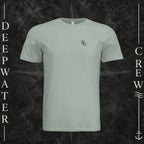 Dusty Blue Deepwater Crew Co. Flagship crewneck T-shirt, front view with small DC wave chest logo.