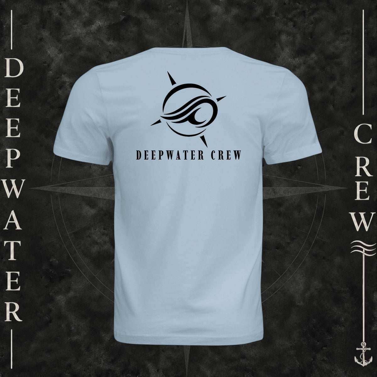 Light Blue Deepwater Crew Co. Flagship crewneck T-shirt, back view with large compass-and-wave logo and Deepwater Crew lettering.