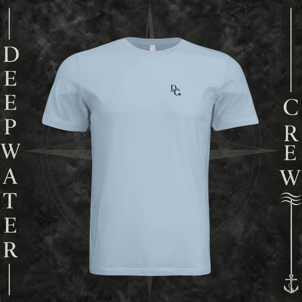 Light Blue Deepwater Crew Co. Flagship crewneck T-shirt, front view with small DC wave chest logo.