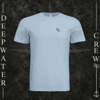 Light Blue Deepwater Crew Co. Flagship crewneck T-shirt, front view with small DC wave chest logo.
