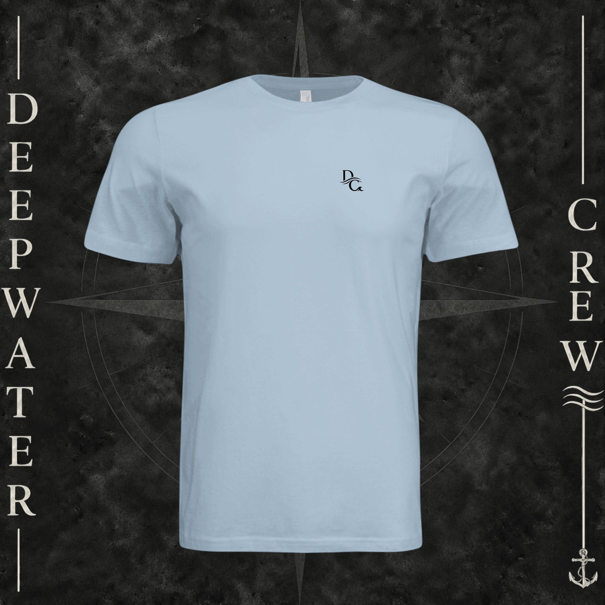 Light Blue Deepwater Crew Co. Flagship crewneck T-shirt, front view with small DC wave chest logo.