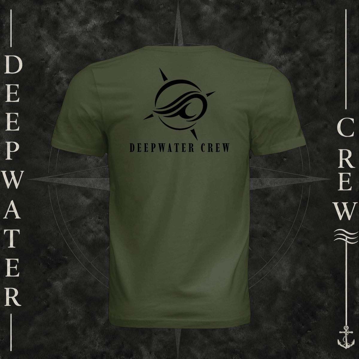 Military Green Deepwater Crew Co. Flagship crewneck T-shirt, back view with large compass-and-wave logo and Deepwater Crew lettering.