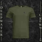 Military Green Deepwater Crew Co. Flagship crewneck T-shirt, front view with small DC wave chest logo.