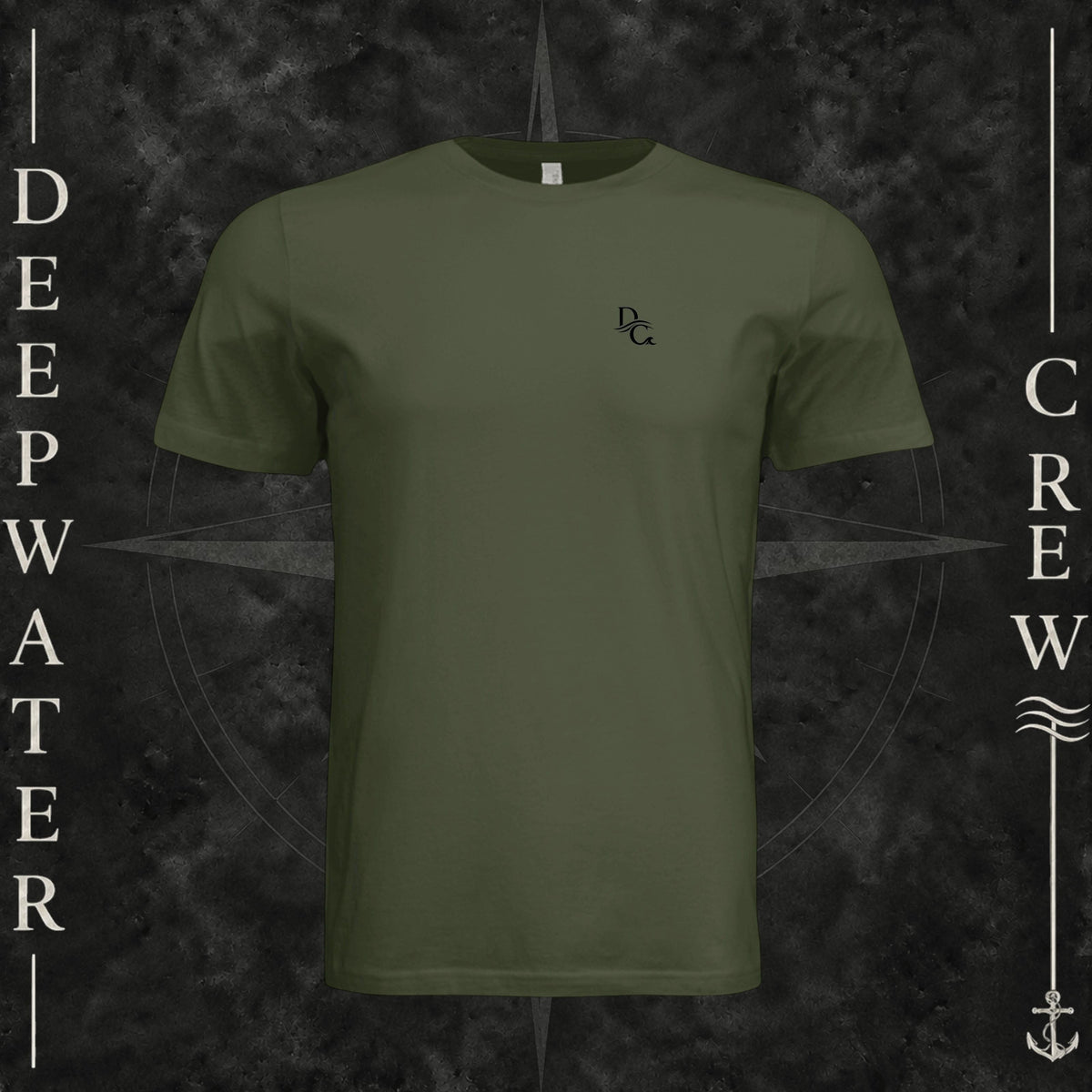 Military Green Deepwater Crew Co. Flagship crewneck T-shirt, front view with small DC wave chest logo.