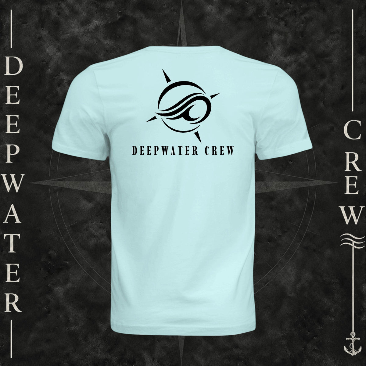 Mint Green Deepwater Crew Co. Flagship crewneck T-shirt, back view with large compass-and-wave logo and Deepwater Crew lettering.