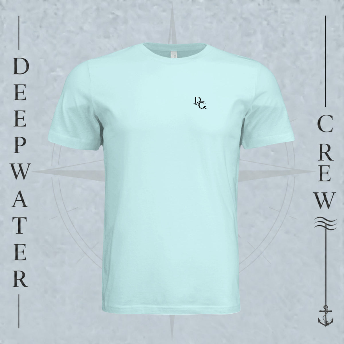 Mint Green Deepwater Crew Co. Flagship crewneck T-shirt, front view with small DC wave chest logo.