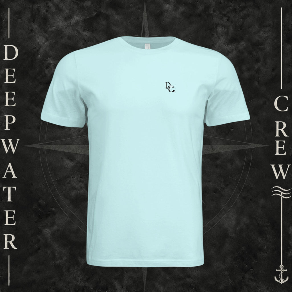 Mint Green Deepwater Crew Co. Flagship crewneck T-shirt, front view with small DC wave chest logo.