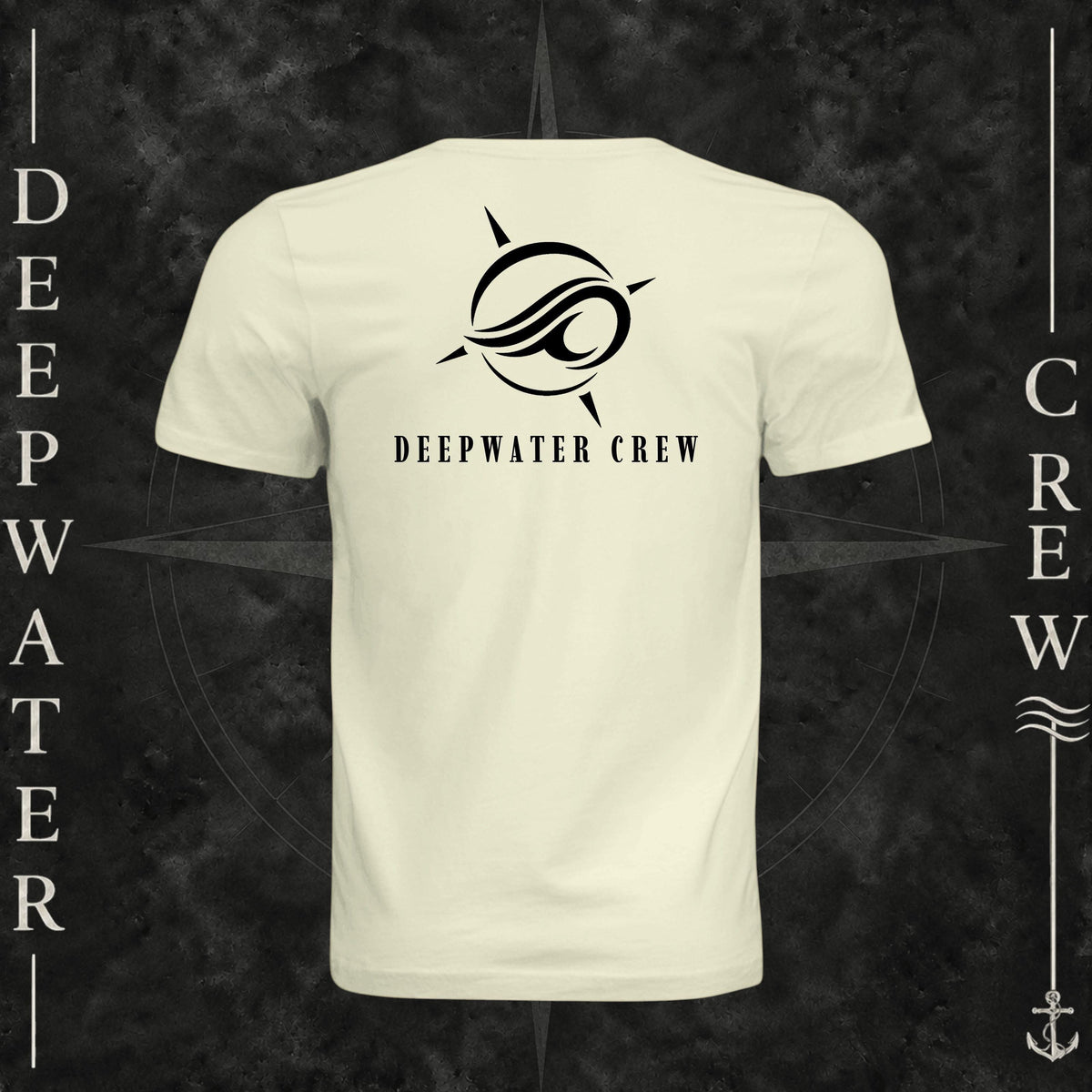 Natural Deepwater Crew Co. Flagship crewneck T-shirt, back view with large compass-and-wave logo and Deepwater Crew lettering.