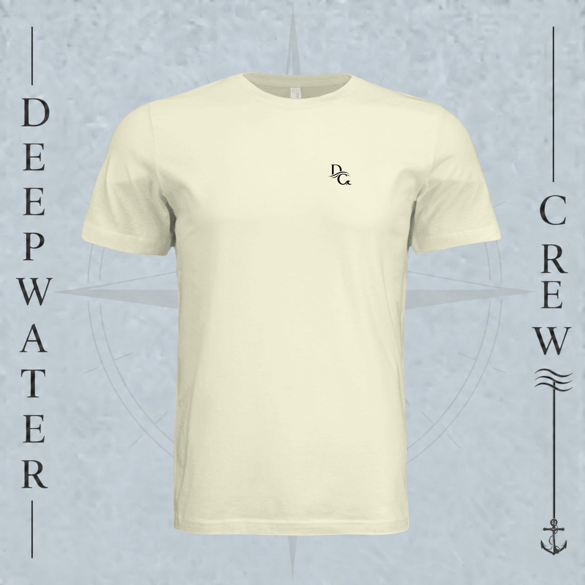 Natural Deepwater Crew Co. Flagship crewneck T-shirt, front view with small DC wave chest logo.