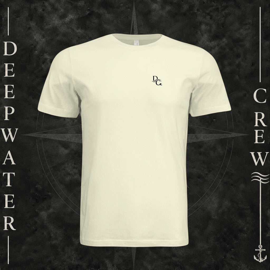 Natural Deepwater Crew Co. Flagship crewneck T-shirt, front view with small DC wave chest logo.