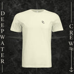 Natural Deepwater Crew Co. Flagship crewneck T-shirt, front view with small DC wave chest logo.