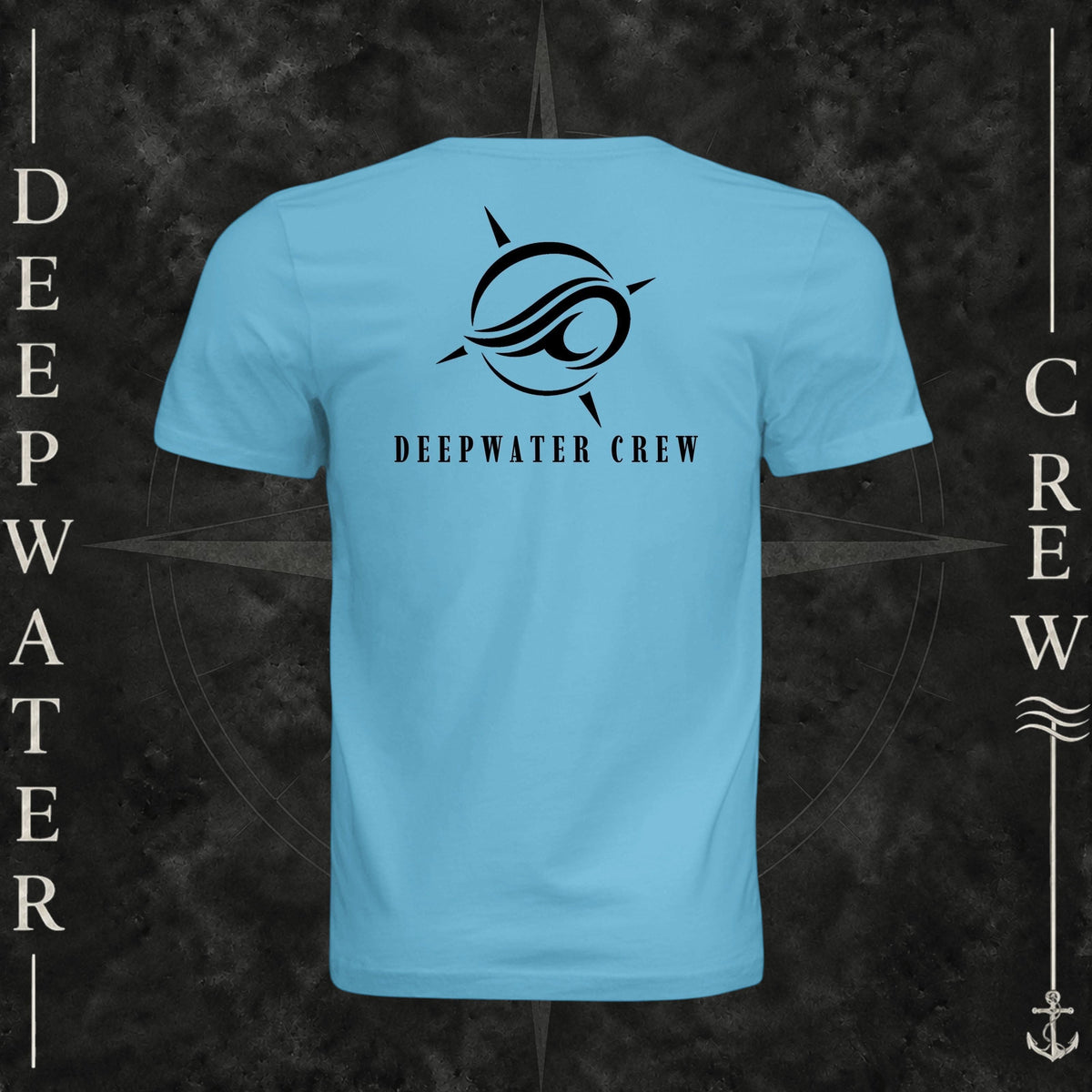 Ocean Blue Deepwater Crew Co. Flagship crewneck T-shirt, back view with large compass-and-wave logo and Deepwater Crew lettering.