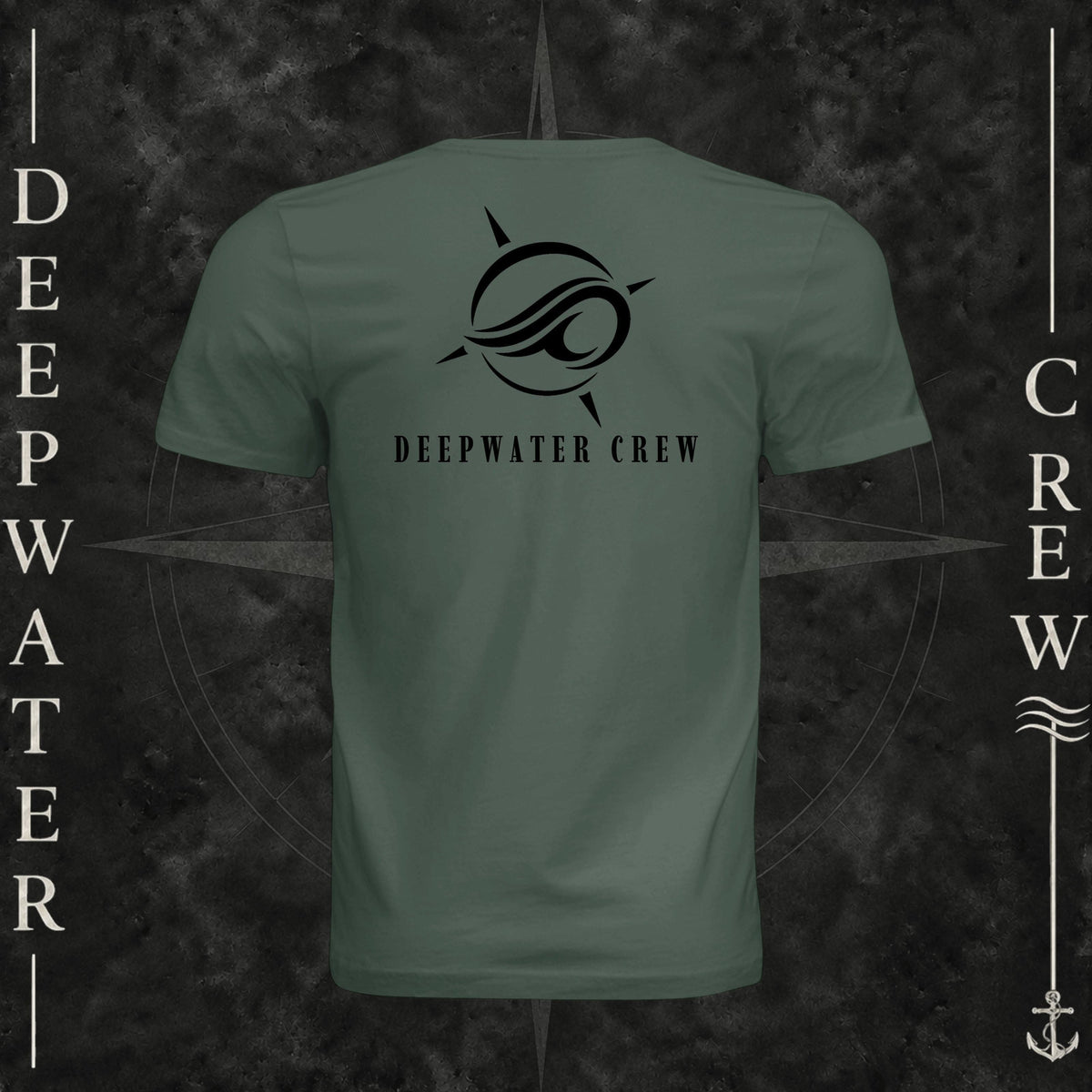 Pine Deepwater Crew Co. Flagship crewneck T-shirt, back view with large compass-and-wave logo and Deepwater Crew lettering.