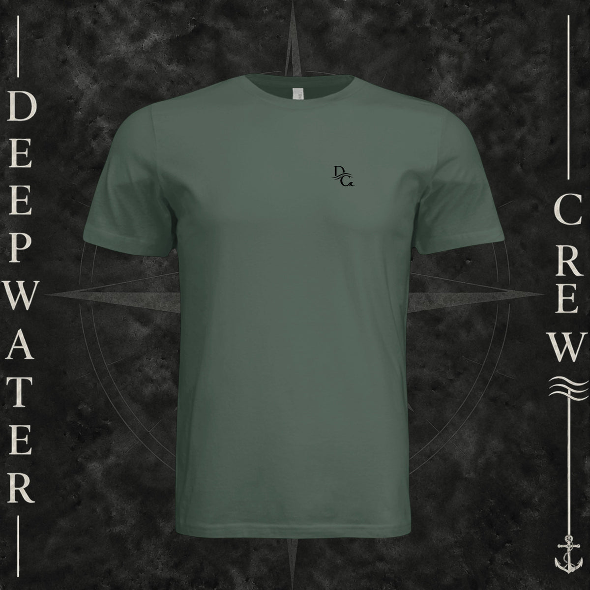 Pine Deepwater Crew Co. Flagship crewneck T-shirt, front view with small DC wave chest logo.