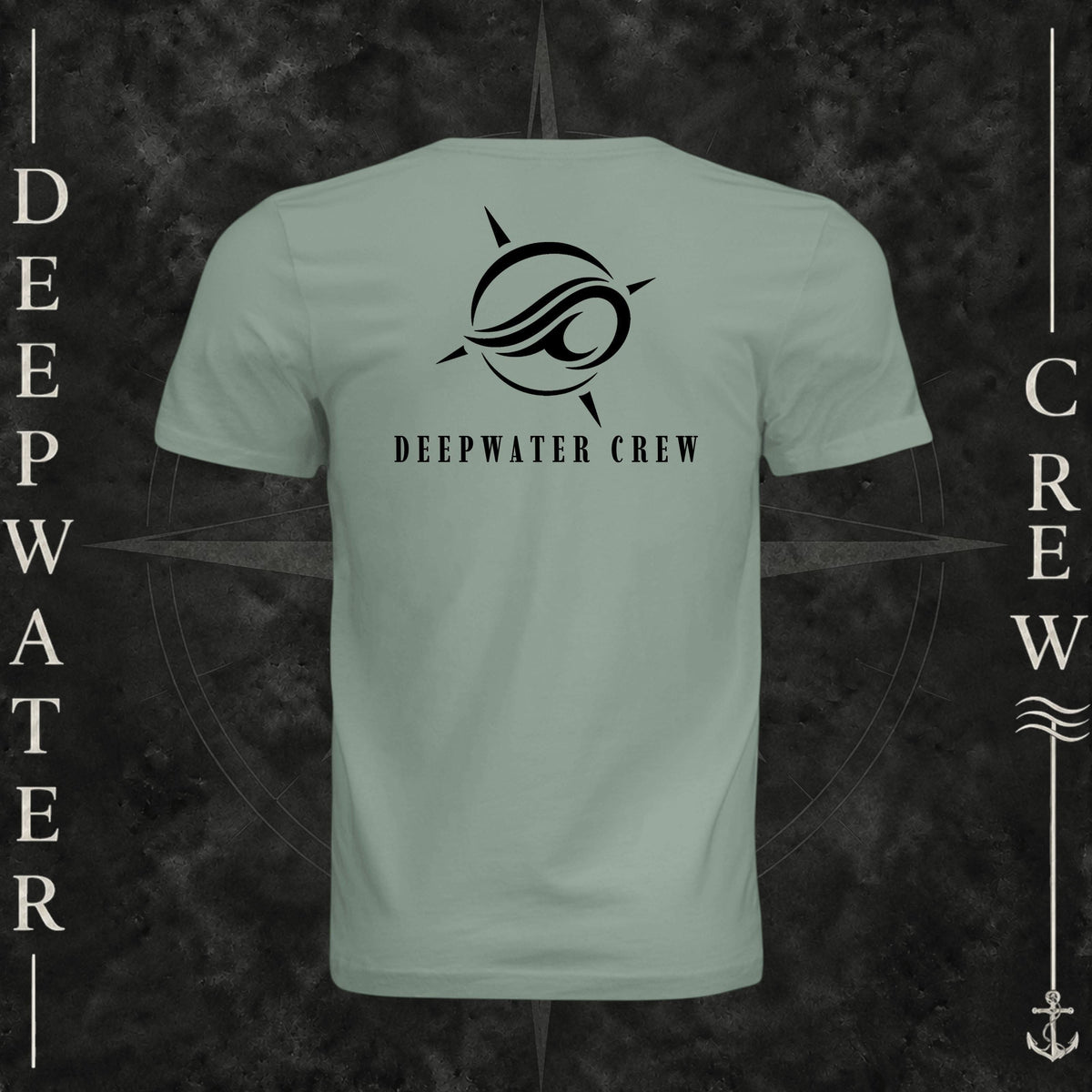 Sage Deepwater Crew Co. Flagship crewneck T-shirt, back view with large compass-and-wave logo and Deepwater Crew lettering.