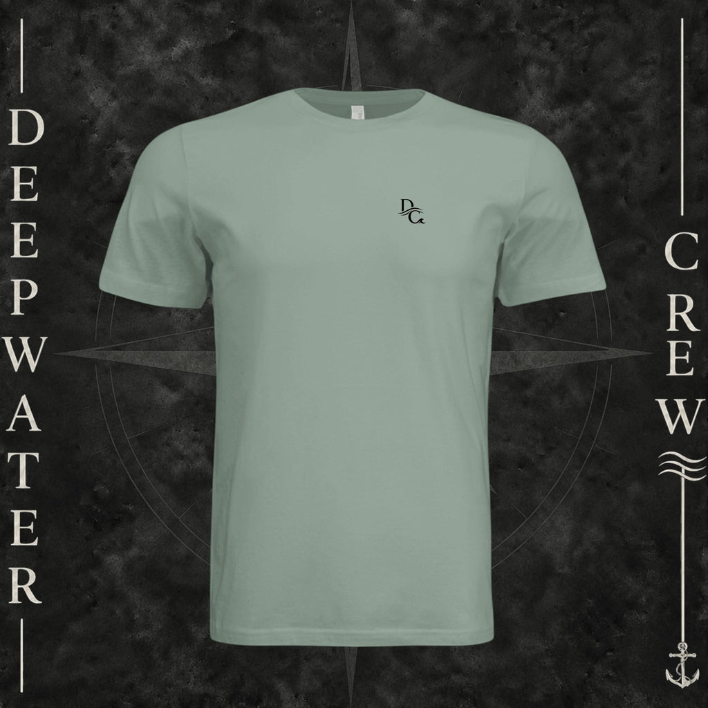 Sage Deepwater Crew Co. Flagship crewneck T-shirt, front view with small DC wave chest logo.