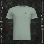 Sage Deepwater Crew Co. Flagship crewneck T-shirt, front view with small DC wave chest logo.
