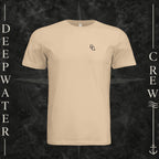 Sand Dune Deepwater Crew Co. Flagship crewneck T-shirt, front view with small DC wave chest logo.