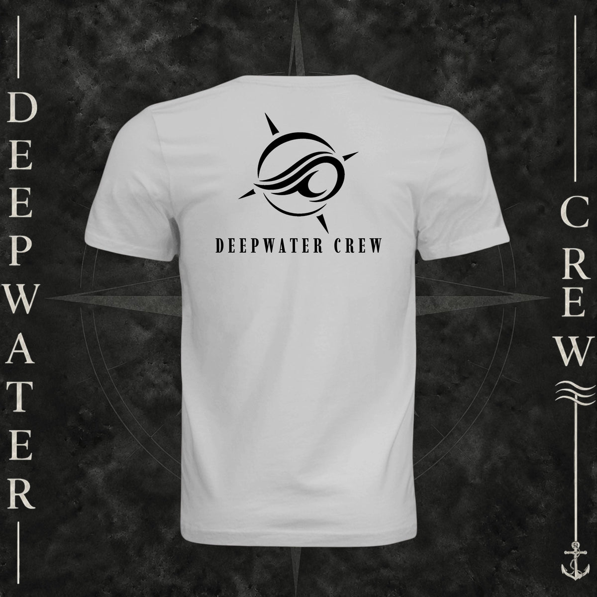 Silver Deepwater Crew Co. Flagship crewneck T-shirt, back view with large compass-and-wave logo and Deepwater Crew lettering.