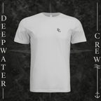 Silver Deepwater Crew Co. Flagship crewneck T-shirt, front view with small DC wave chest logo.