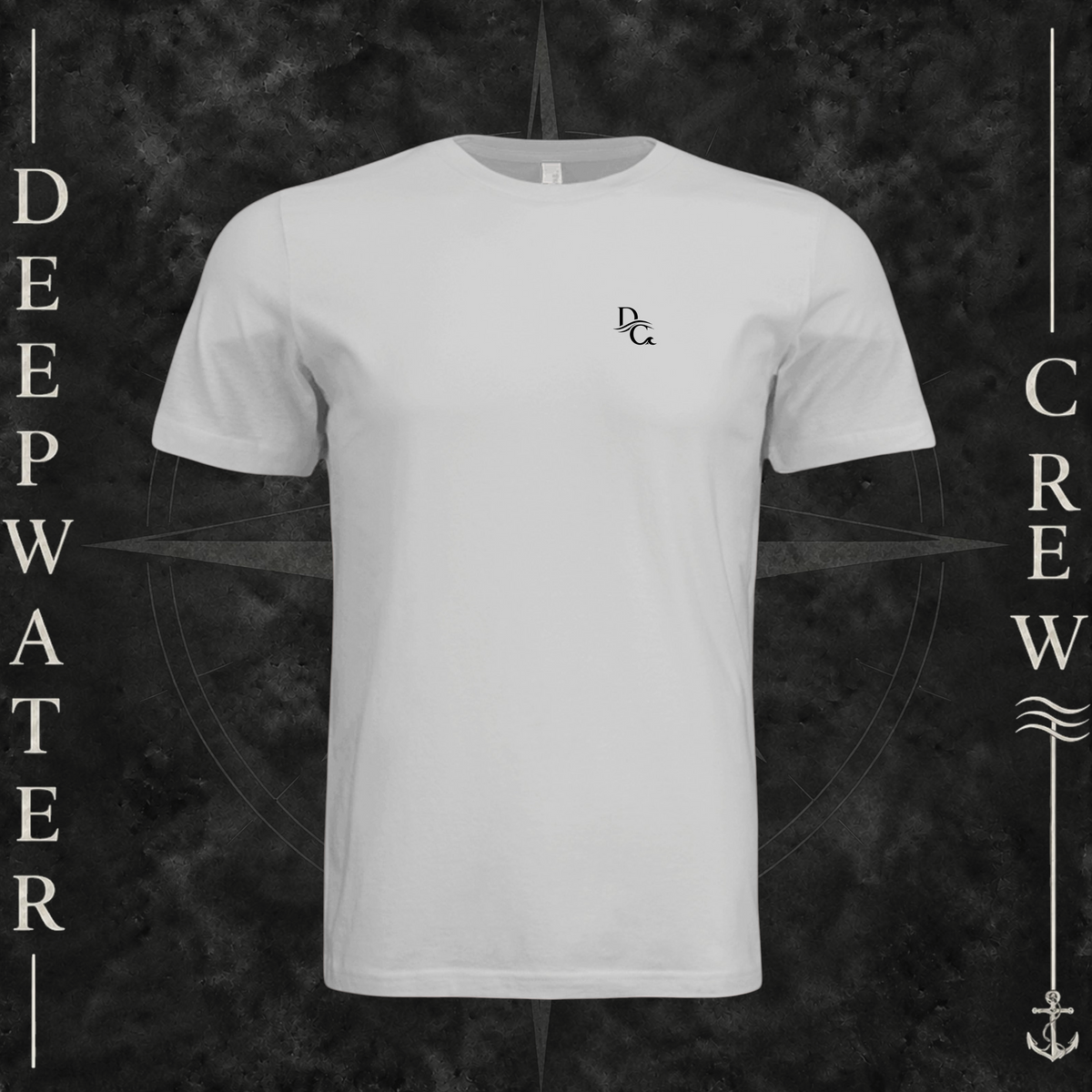 Silver Deepwater Crew Co. Flagship crewneck T-shirt, front view with small DC wave chest logo.