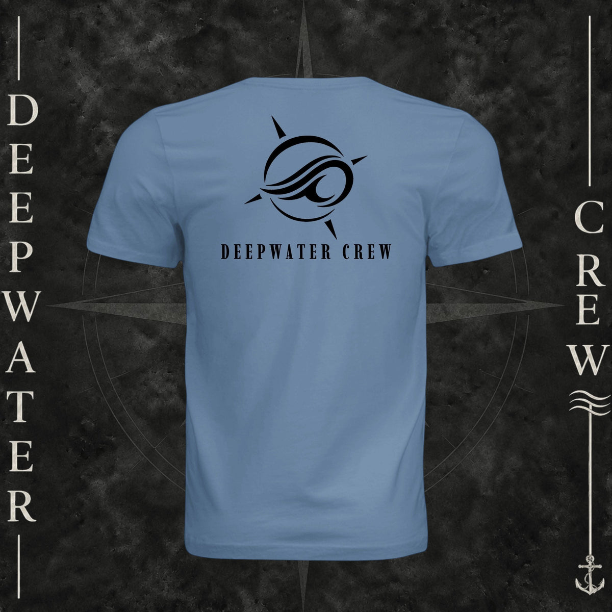 Slate Deepwater Crew Co. Flagship crewneck T-shirt, back view with large compass-and-wave logo and Deepwater Crew lettering.