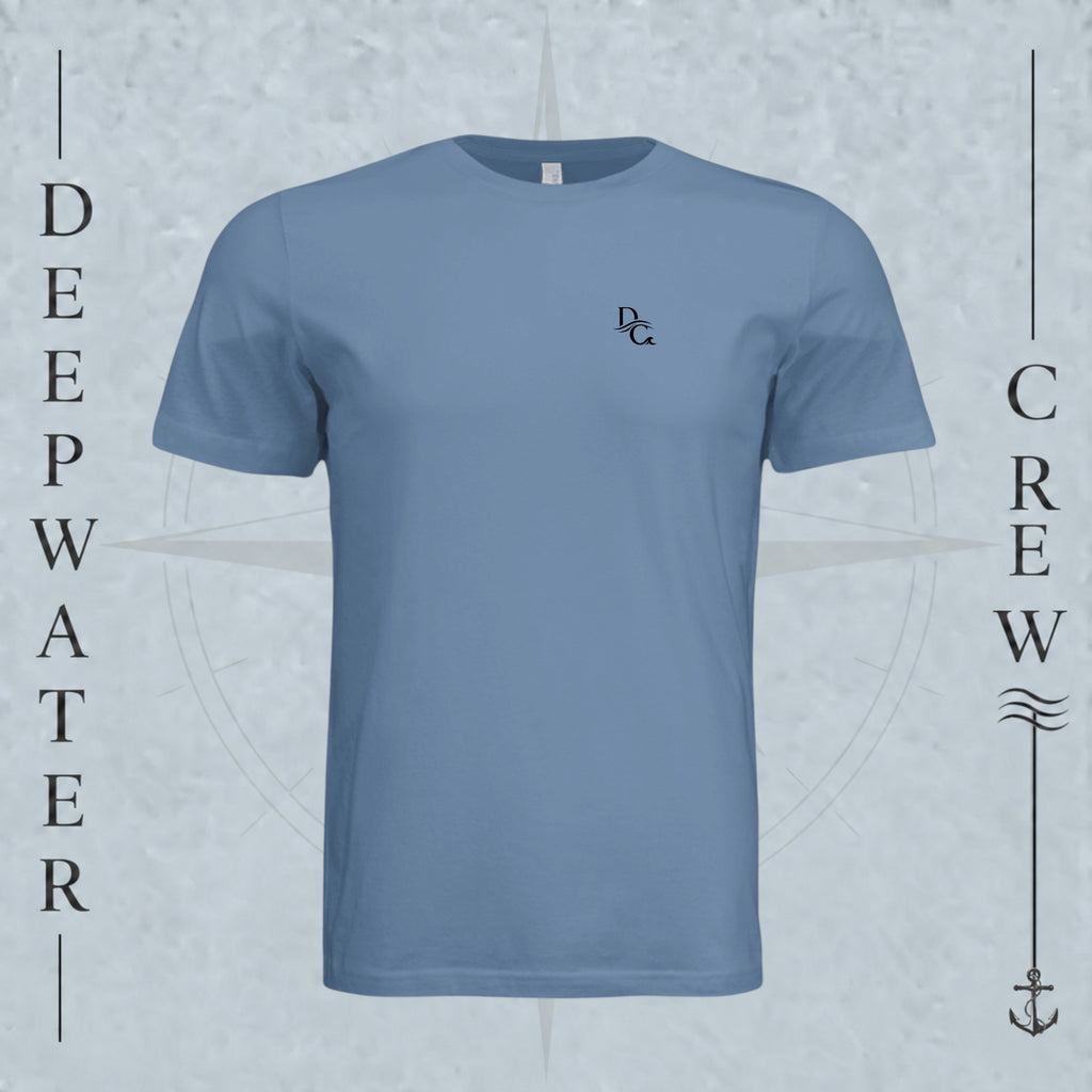 Slate Deepwater Crew Co. Flagship crewneck T-shirt, front view with small DC wave chest logo.