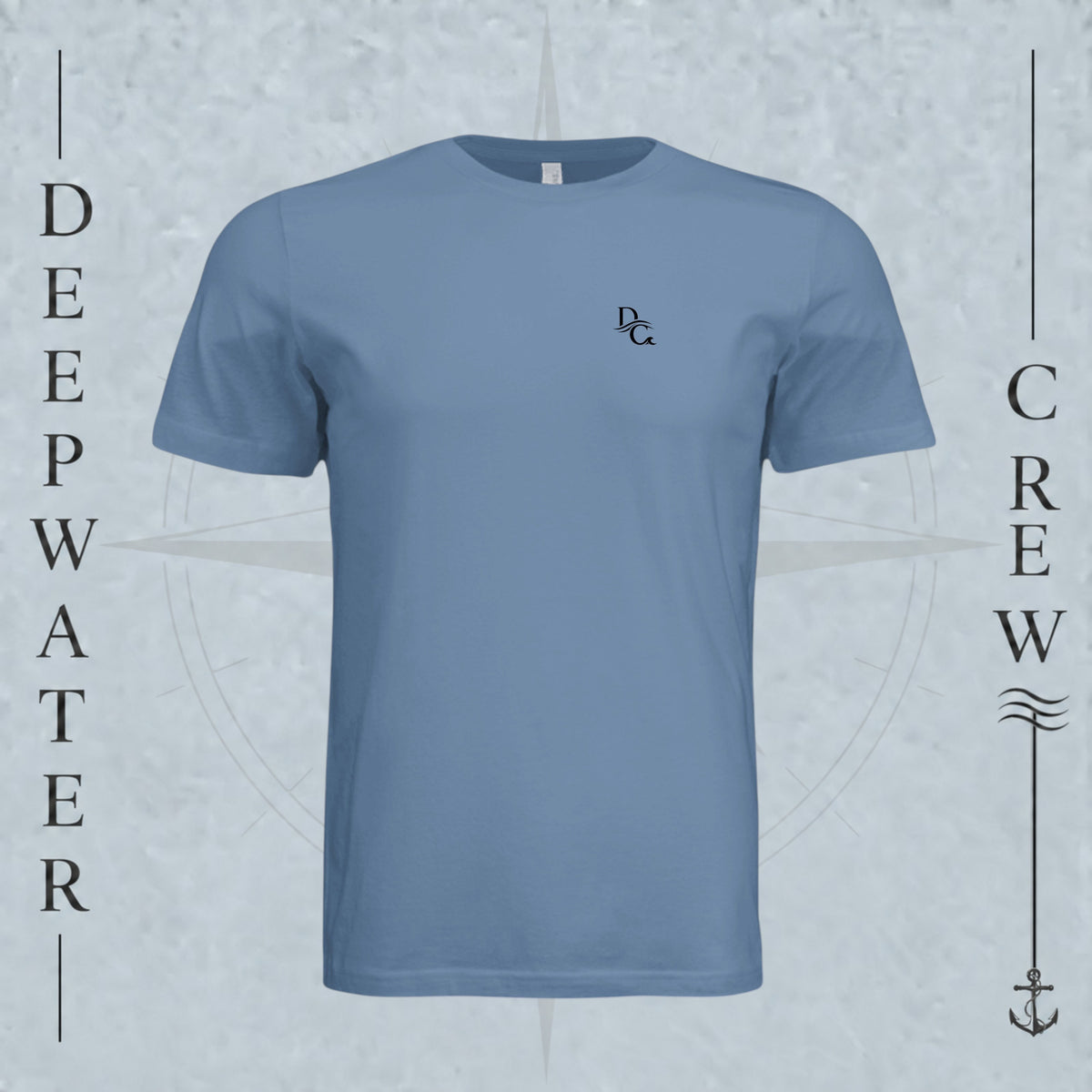 Slate Deepwater Crew Co. Flagship crewneck T-shirt, front view with small DC wave chest logo.
