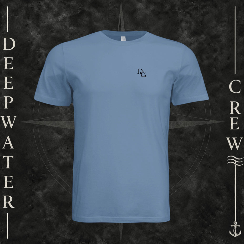 Slate Deepwater Crew Co. Flagship crewneck T-shirt, front view with small DC wave chest logo.